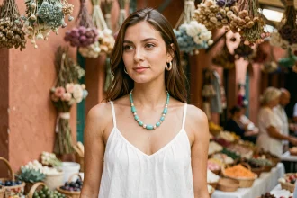 Femme portant un collier en perles turquoise et ivoire avec une robe en lin blanc dans un marché méditerranéen en été