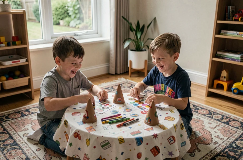 Enfants faisant des activités manuelles autour d'une table décorée lors d'un anniversaire à domicile