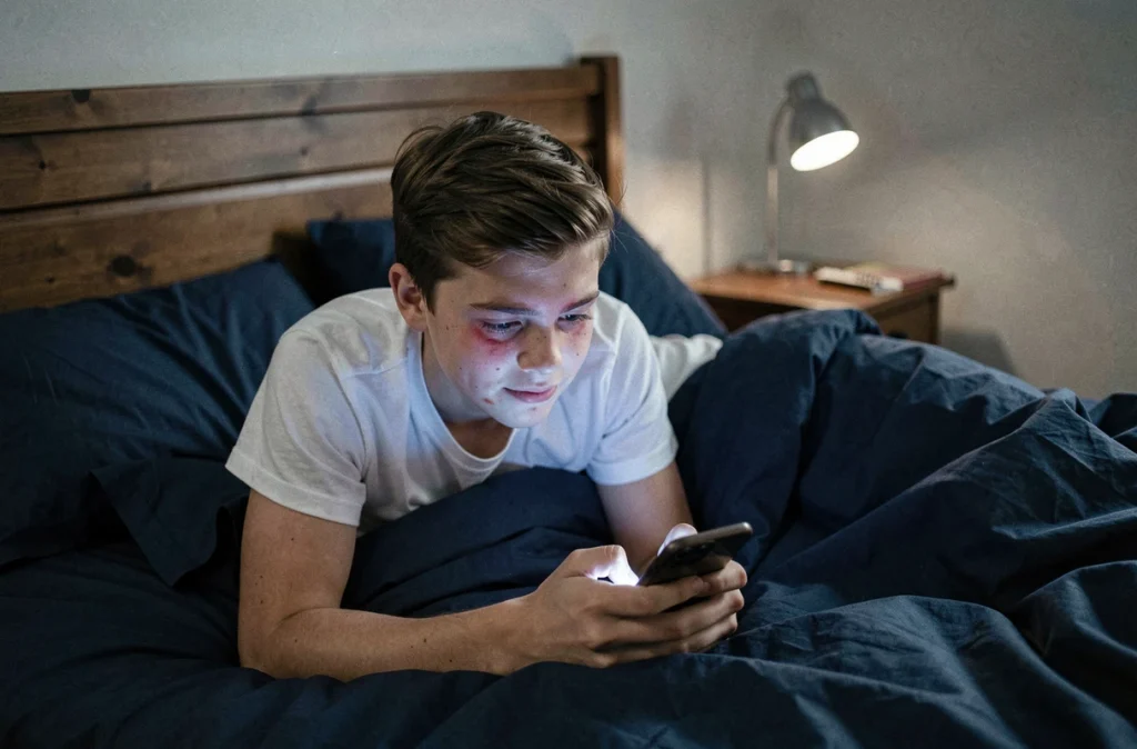 Adolescent utilisant un smartphone dans une chambre sombre, exposé à la lumière bleue affectant les yeux