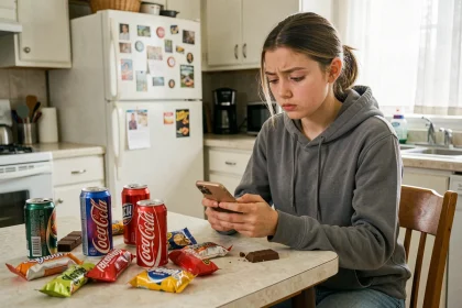 Adolescente fatiguée entourée de sucreries et canettes de soda sur une table de cuisine, illustrant la consommation excessive de sucre chez les jeunes