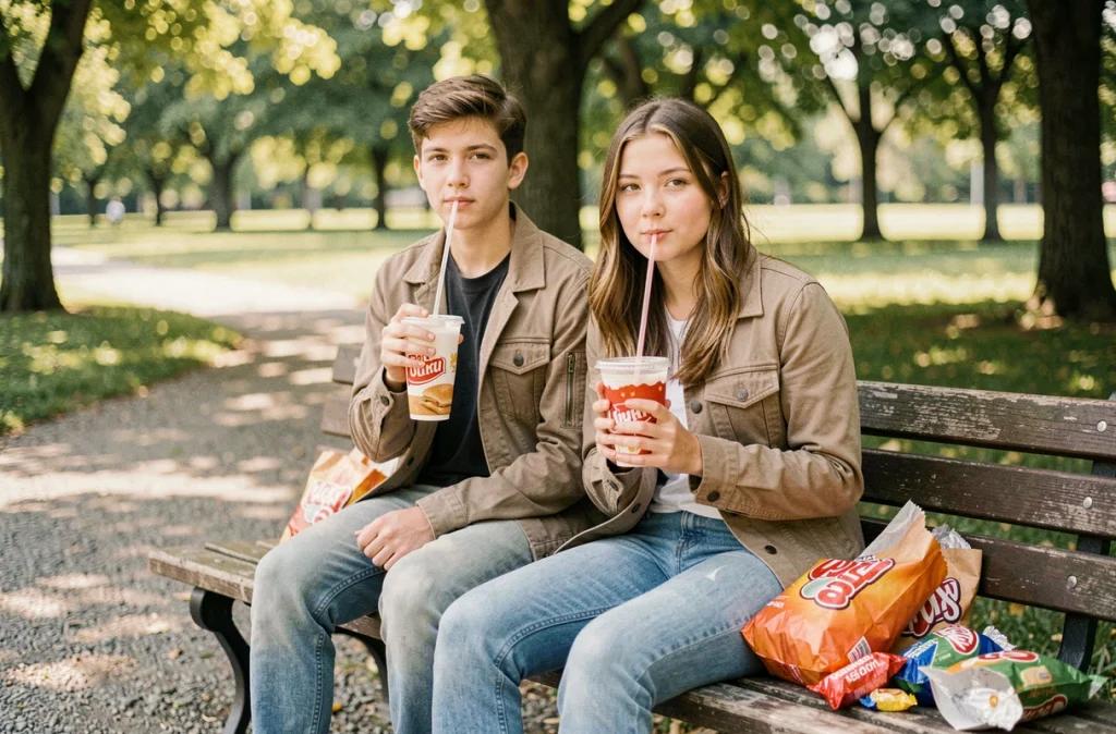Deux adolescents assis sur un banc de parc avec des boissons sucrées et emballages de fast food, symbolisant les mauvaises habitudes alimentaires liées au sucre
