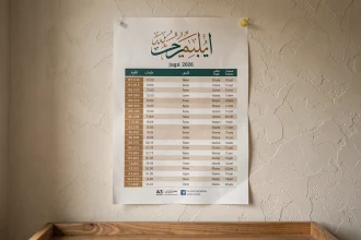 Affiche murale imprimée avec horaires de prière 2026 pour Mantes-la-Jolie affichée sur un mur beige texturé
