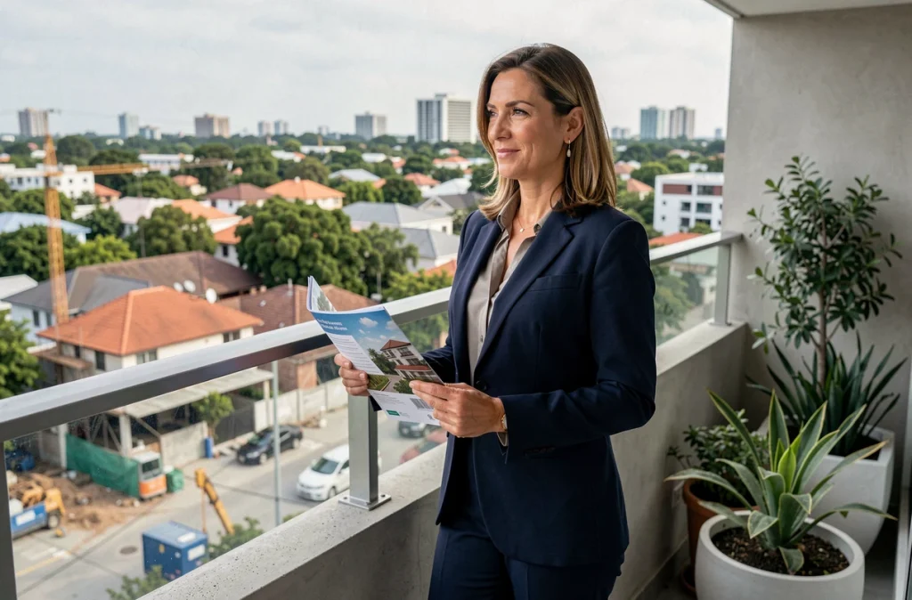 Agent immobilière sur un balcon rénové avec vue sur un quartier en transformation, tenant une brochure de vente