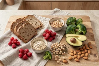 Assortiment d'aliments riches en fibres alimentaires disposés en flat lay sur un plan de travail en bois naturel