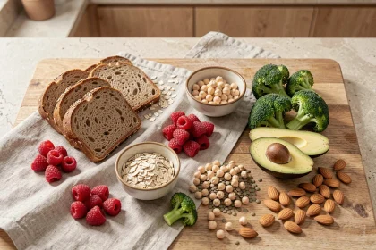Assortiment d'aliments riches en fibres alimentaires disposés en flat lay sur un plan de travail en bois naturel