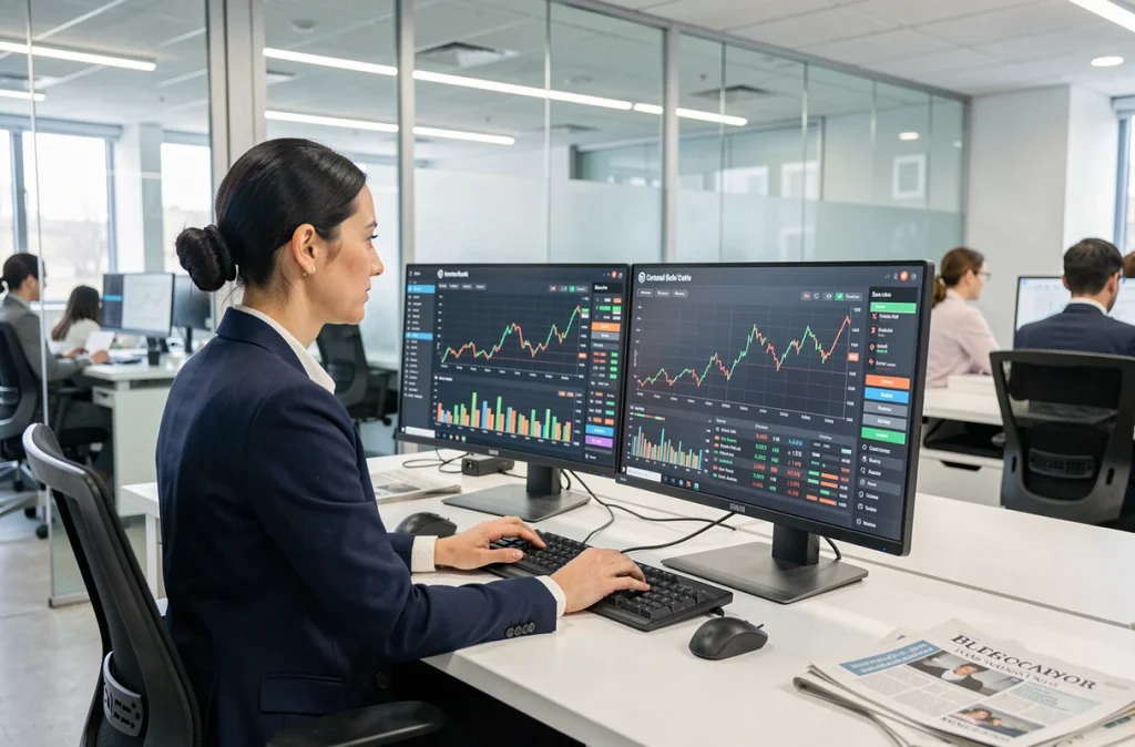 Analyste financière étudiant les données en temps réel des crypto-monnaies et des taux d'intérêt des banques centrales sur ses écrans de travail