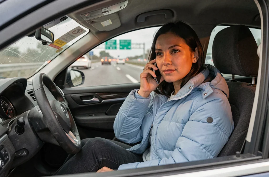 Femme au téléphone dans une voiture immobilisée sur le bord d'une autoroute avec les feux de détresse activés