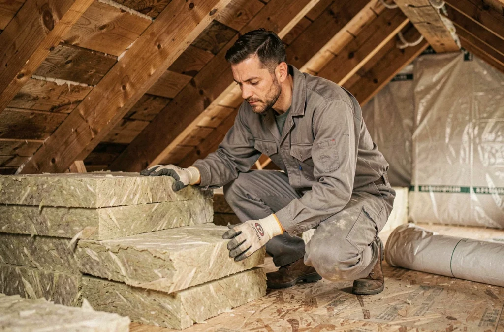 Un artisan installe une isolation thermique en laine minérale dans les combles d'une maison lors d'une rénovation énergétique