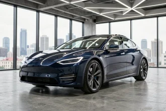 Berline électrique moderne au design aérodynamique exposée dans un studio automobile contemporain, illustrant l'évolution du design automobile de la dernière décennie