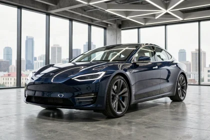 Berline électrique moderne au design aérodynamique exposée dans un studio automobile contemporain, illustrant l'évolution du design automobile de la dernière décennie