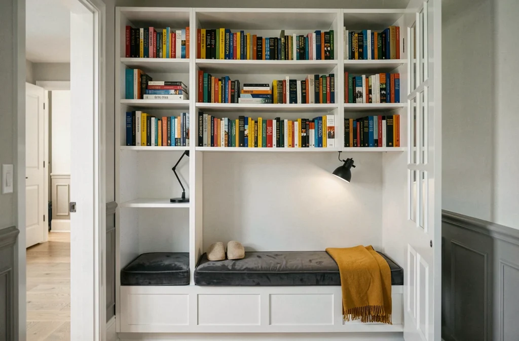 Bibliothèque encastrée avec banquette velours et rangements pour créer un coin lecture familial dans un couloir