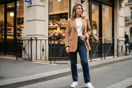 Femme portant un blazer oversize camel avec un jean droit et des sneakers blanches dans une rue parisienne
