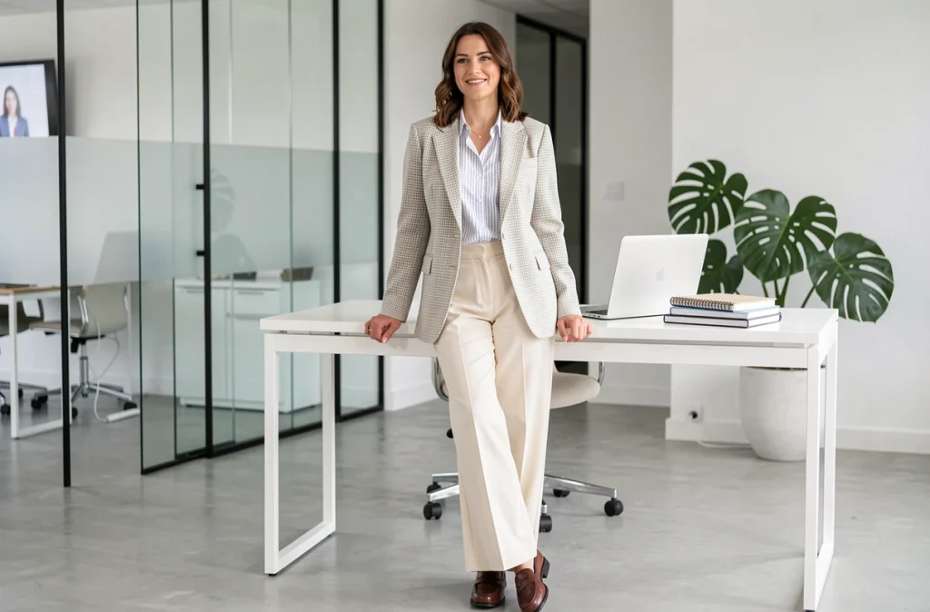 Femme en blazer oversize à carreaux porté au bureau avec un pantalon large crème et des mocassins