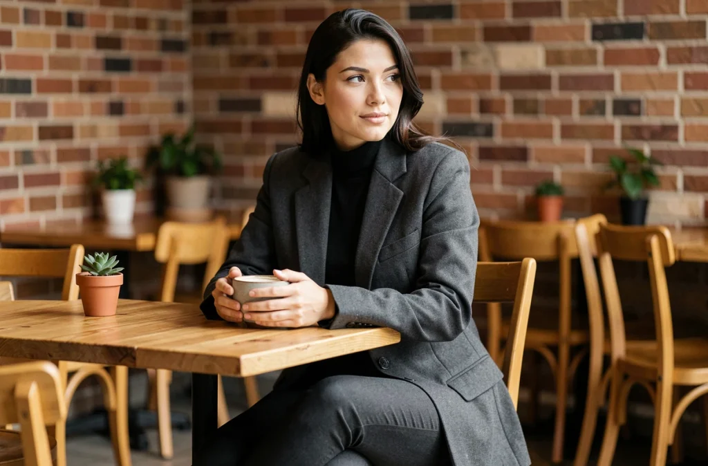Femme en blazer oversize gris anthracite et col roulé noir assise dans un café urbain tendance