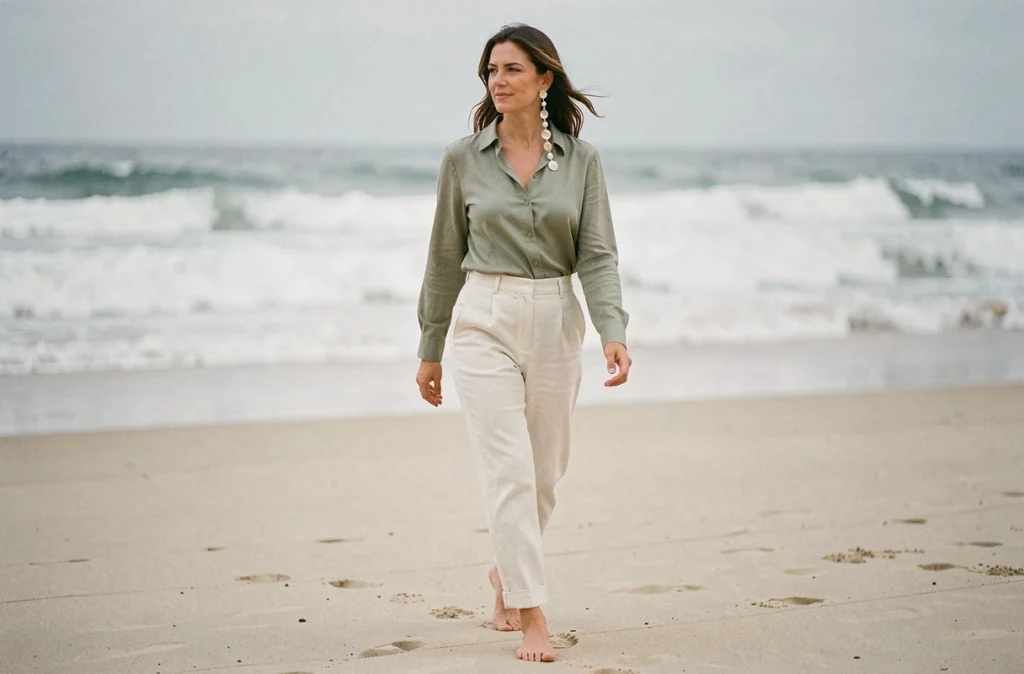 Femme en tenue estivale portant de longues boucles d'oreilles en perles d'eau douce et coquillages sur une plage de sable