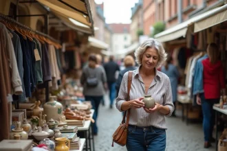 Braderie de quartier dans une rue pavée du nord de la France avec des étals de brocante et des habitants qui fouillent les objets d'occasion