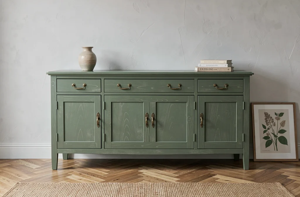 Buffet ancien restauré peint en vert sauge mat avec quincaillerie en laiton dans un intérieur campagne française