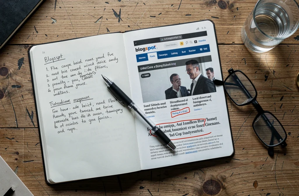 Vue aérienne d'un bureau avec notes manuscrites et captures d'écran annotées d'un blog d'information alternative