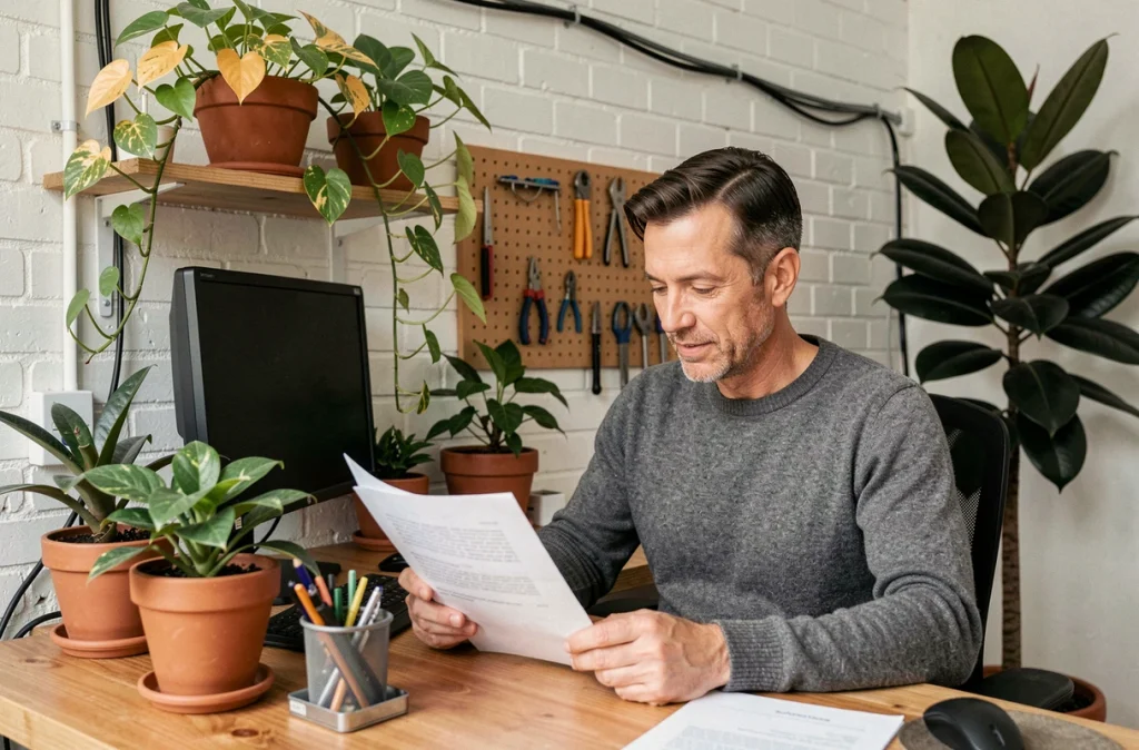 Homme travaillant dans un bureau à domicile entouré de plantes dépolluantes pour améliorer la qualité de l'air