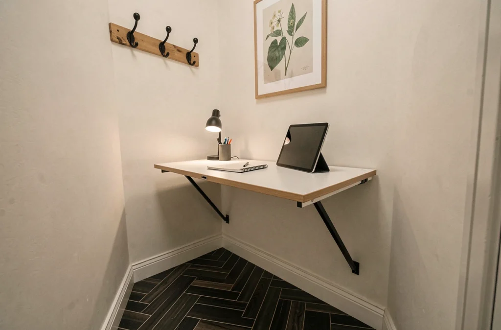 Bureau rabattable mural installé dans un couloir étroit transformé en espace de travail fonctionnel avec rangements et accessoires de bureau