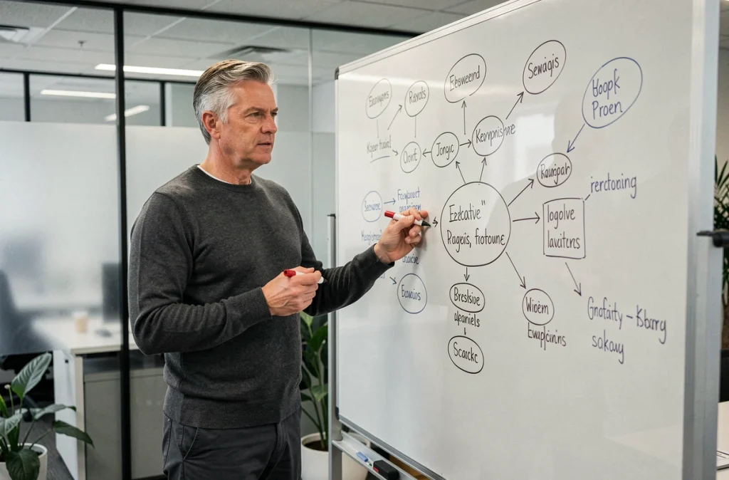 Expert debout devant un tableau blanc avec des cartes sémantiques et des clusters de mots-clés