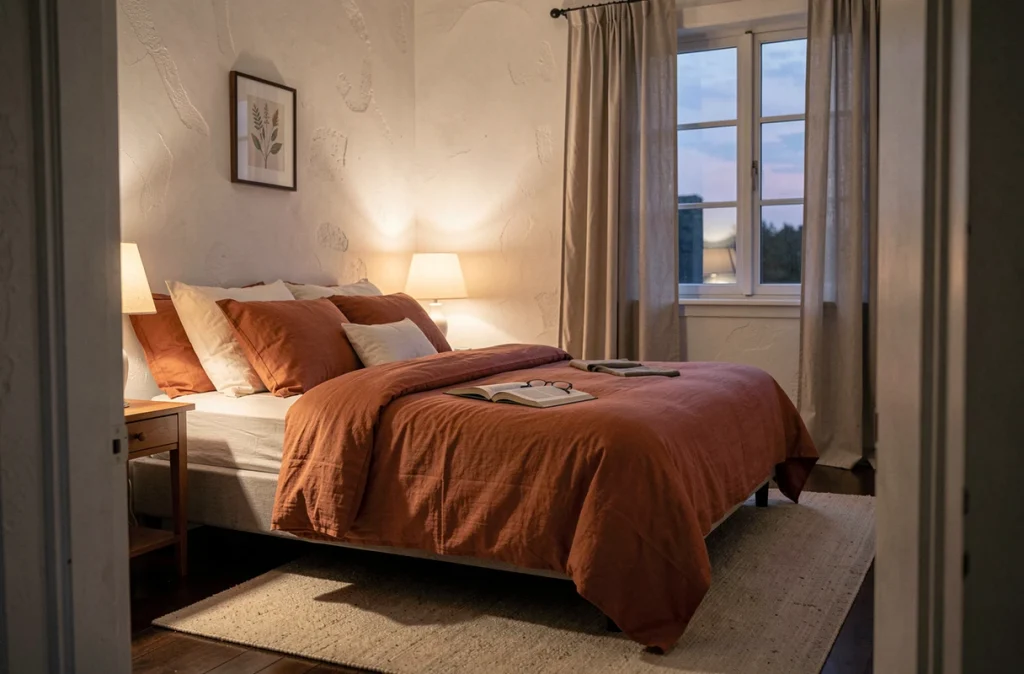 Chambre à coucher chaleureuse au crépuscule avec lampe de chevet et literie terracotta