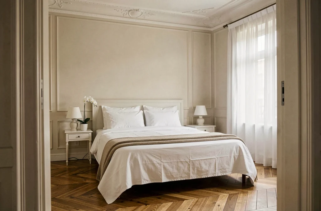 Chambre haussmannienne mise en valeur par le home staging avec parquet en chevrons, linge blanc et décoration épurée pour la vente