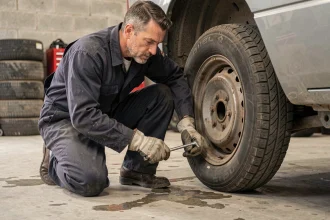 Homme en combinaison de mécanicien dévissant les écrous d'une roue de voiture dans un garage résidentiel