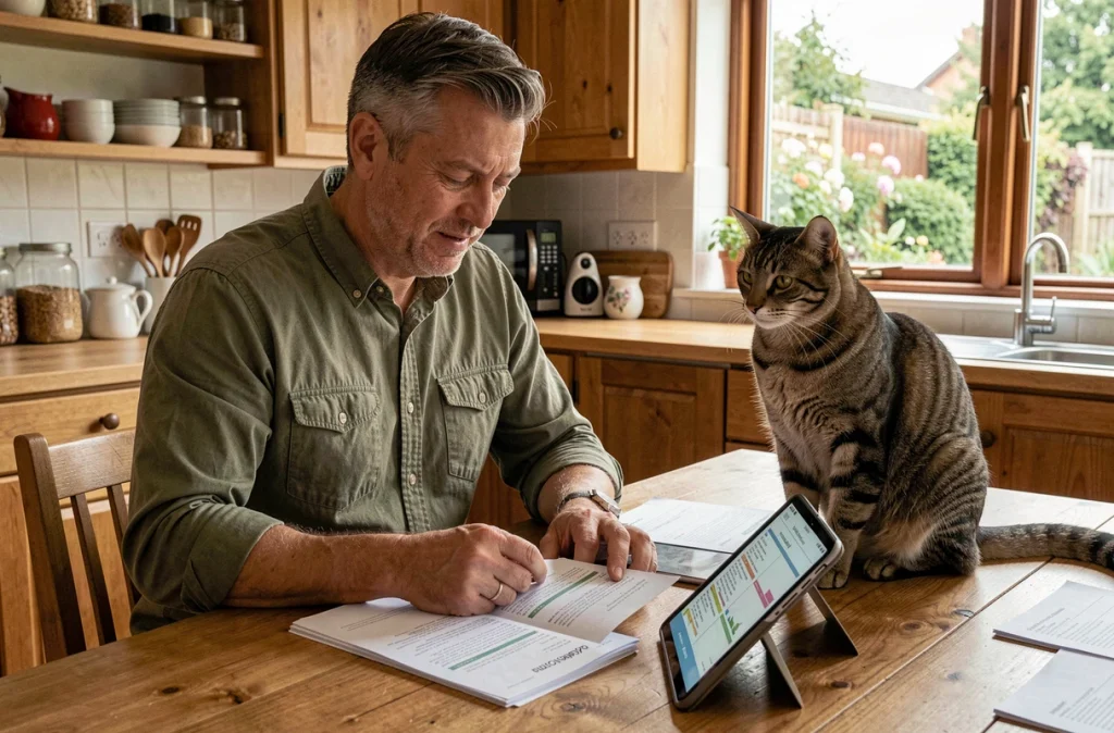 Homme consultant une liste de critères pour adopter un chat responsable à domicile