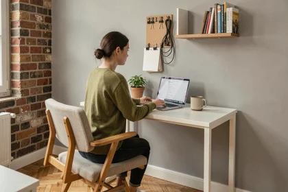 Coin bureau compact aménagé dans un petit appartement avec un bureau mural blanc, une chaise ergonomique et une femme travaillant sur son ordinateur portable