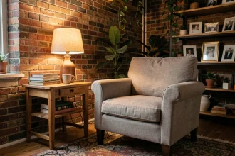 Coin salon chaleureux avec lampe de table en bois, fauteuil en lin et ambiance cosy le soir