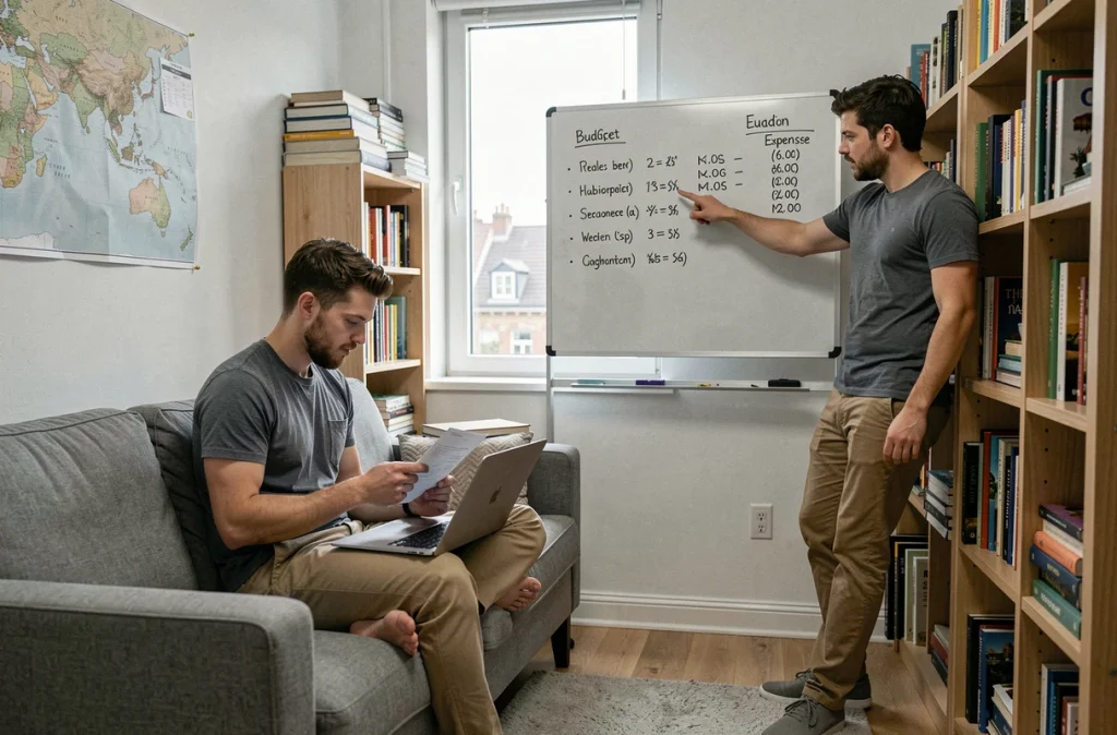 Deux colocataires masculins en train de gérer leur budget commun dans un petit appartement urbain, avec tableau de répartition des charges