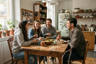 Trois colocataires partageant un repas dans une cuisine d'appartement parisien, illustrant la vie en colocation comme alternative économique en grande ville