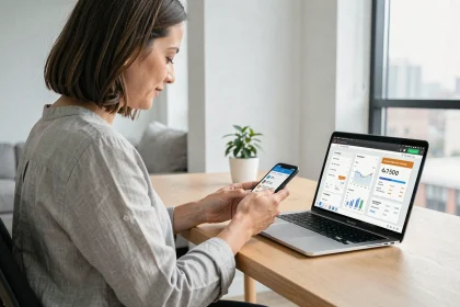 Femme comparant les frais bancaires de néobanques sur smartphone et ordinateur portable
