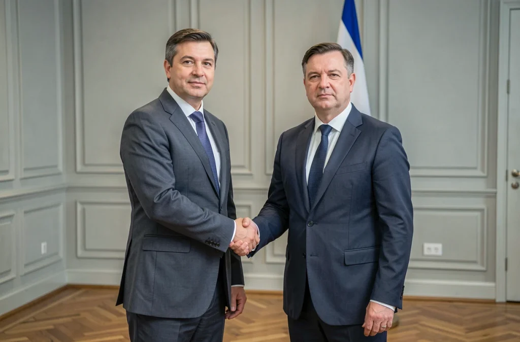 Deux hommes en costume serrant la main lors d'une rencontre officielle, comparaison de stature entre personnalités politiques