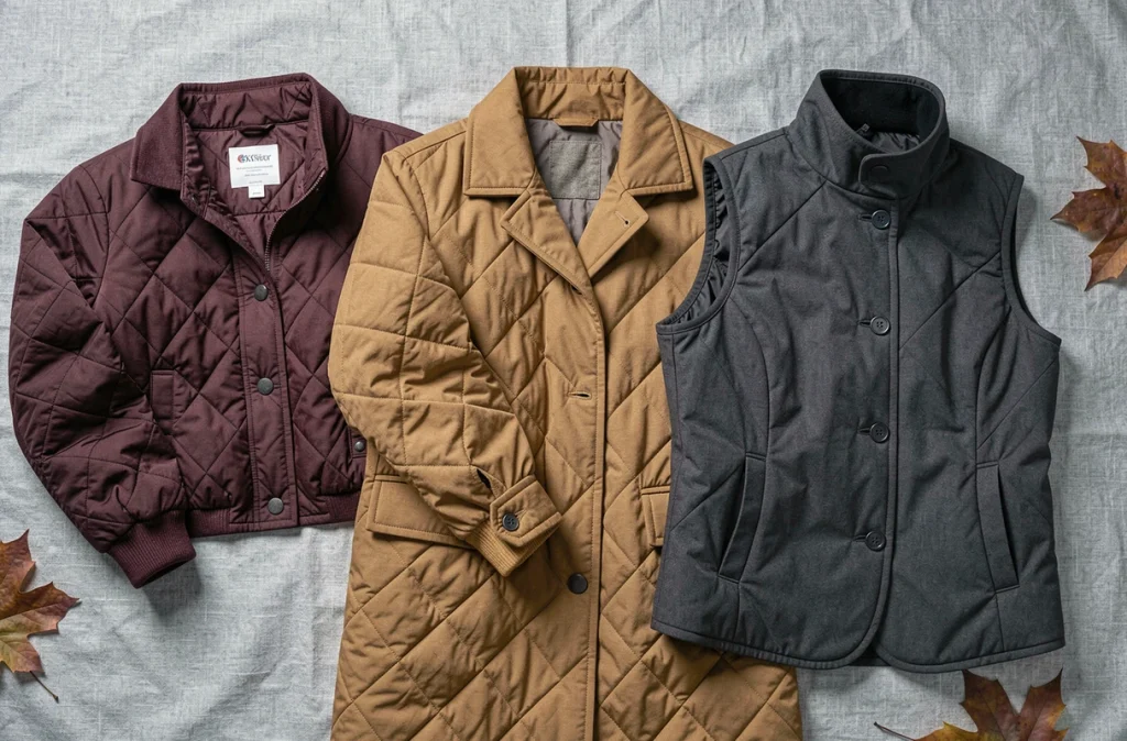 Comparaison de trois vestes matelassées pour la mi-saison posées à plat sur du lin gris, incluant un modèle court bordeaux, un manteau camel et un gilet anthracite