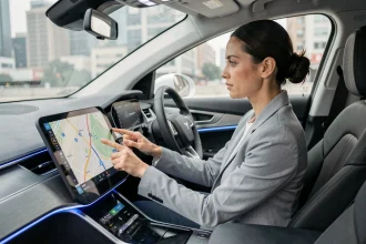 Conductrice utilisant l'interface tactile avancée d'un véhicule électrique moderne avec tableau de bord numérique
