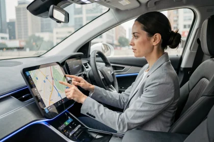 Conductrice utilisant l'interface tactile avancée d'un véhicule électrique moderne avec tableau de bord numérique