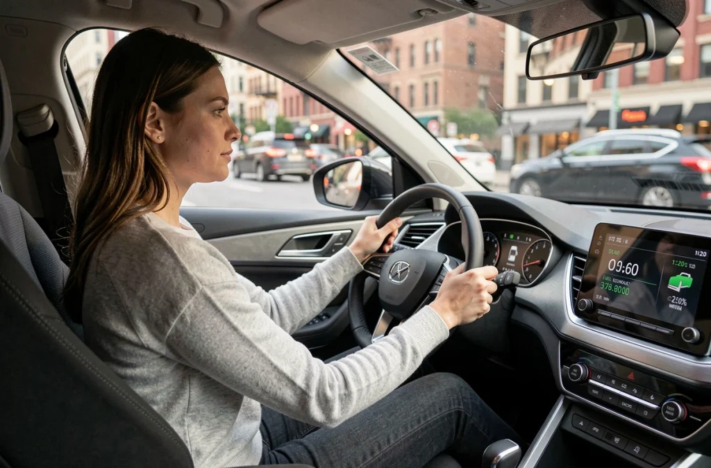 Femme pratiquant la conduite économique en ville pour optimiser la consommation de carburant de sa voiture