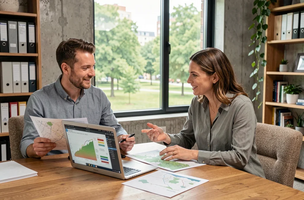 Deux conseillers financiers analysent des actifs forestiers sur des cartes et un ordinateur portable dans un bureau contemporain
