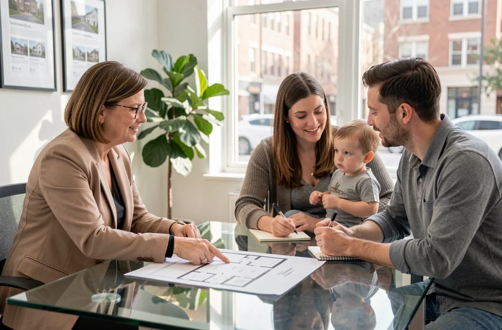 Conseillère immobilière présentant un plan de bien locatif à un jeune couple avec enfant dans une agence immobilière moderne