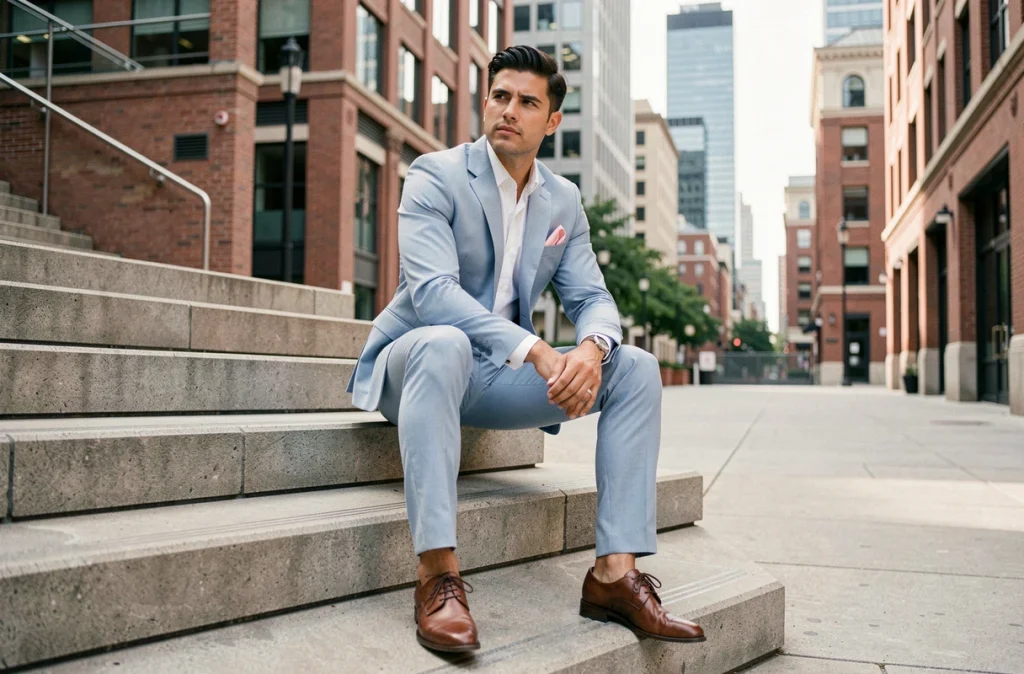 Homme en costume bleu pastel assis sur des marches urbaines modernes, style mode masculine contemporaine