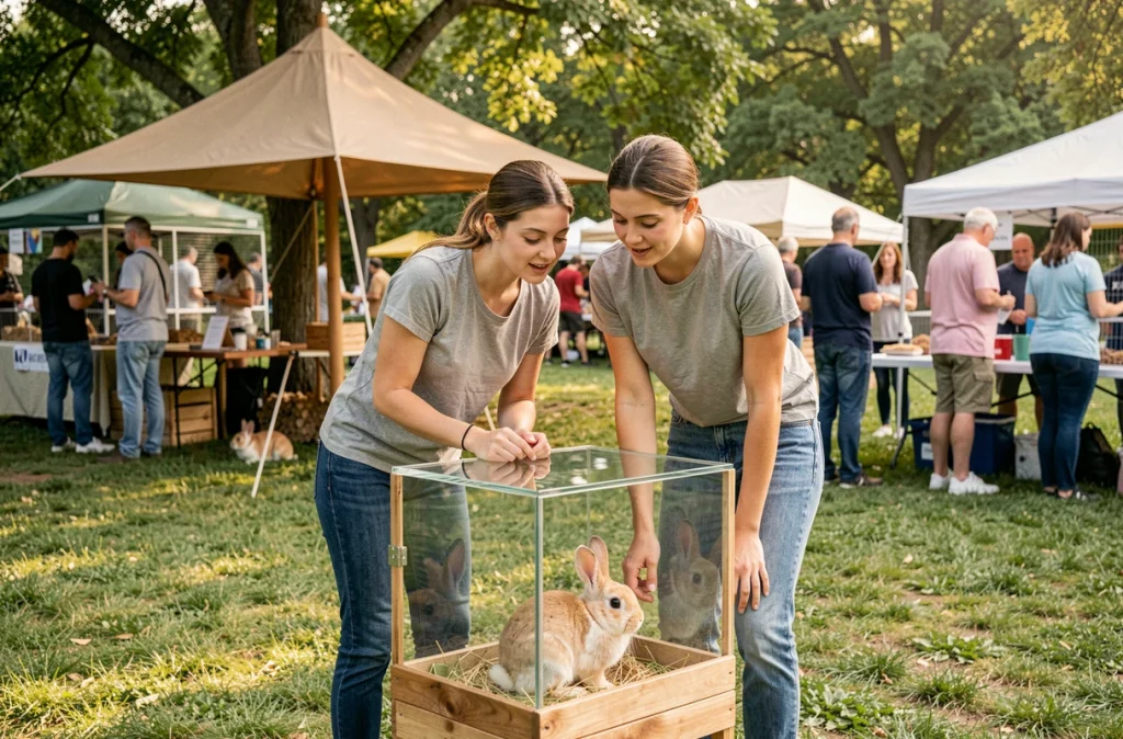 Couple évaluant les critères d'adoption d'un lapin lors d'une foire d'adoption d'animaux en plein air