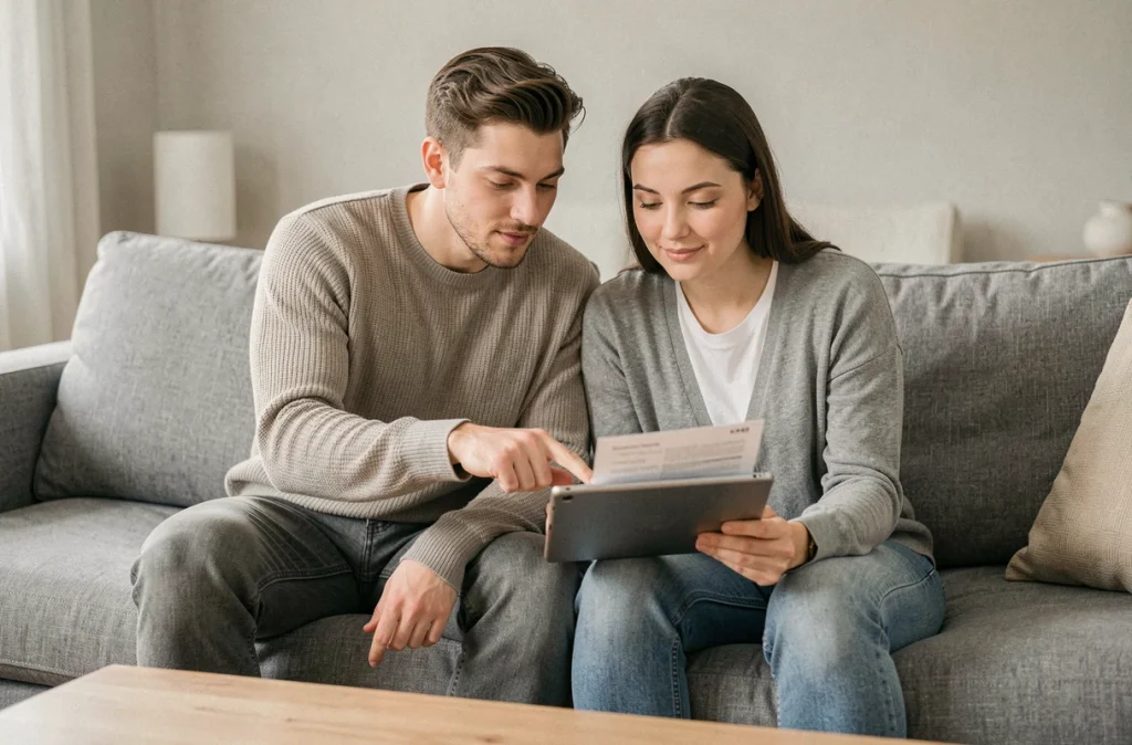 Couple consultant un contrat de crédit à la consommation en ligne sur tablette dans un salon moderne