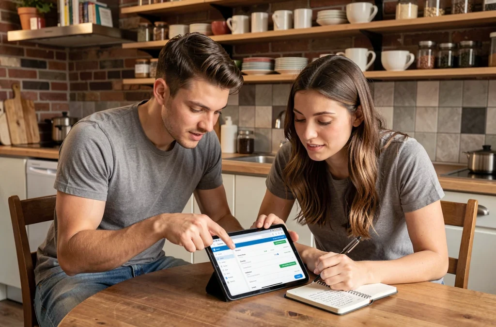 Jeune couple analysant leurs économies réalisées grâce aux néobanques sur une tablette numérique