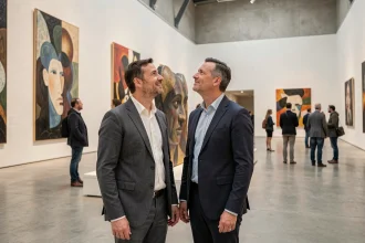 Couple admirant une installation d'art contemporain dans un musée à Lyon lors d'une exposition culturelle