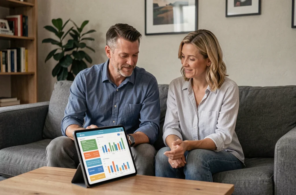 Couple gérant le budget familial ensemble sur une tablette dans leur salon