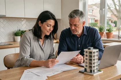 Couple de parents dans la quarantaine étudiant un dossier d'investissement locatif autour d'une table de cuisine moderne