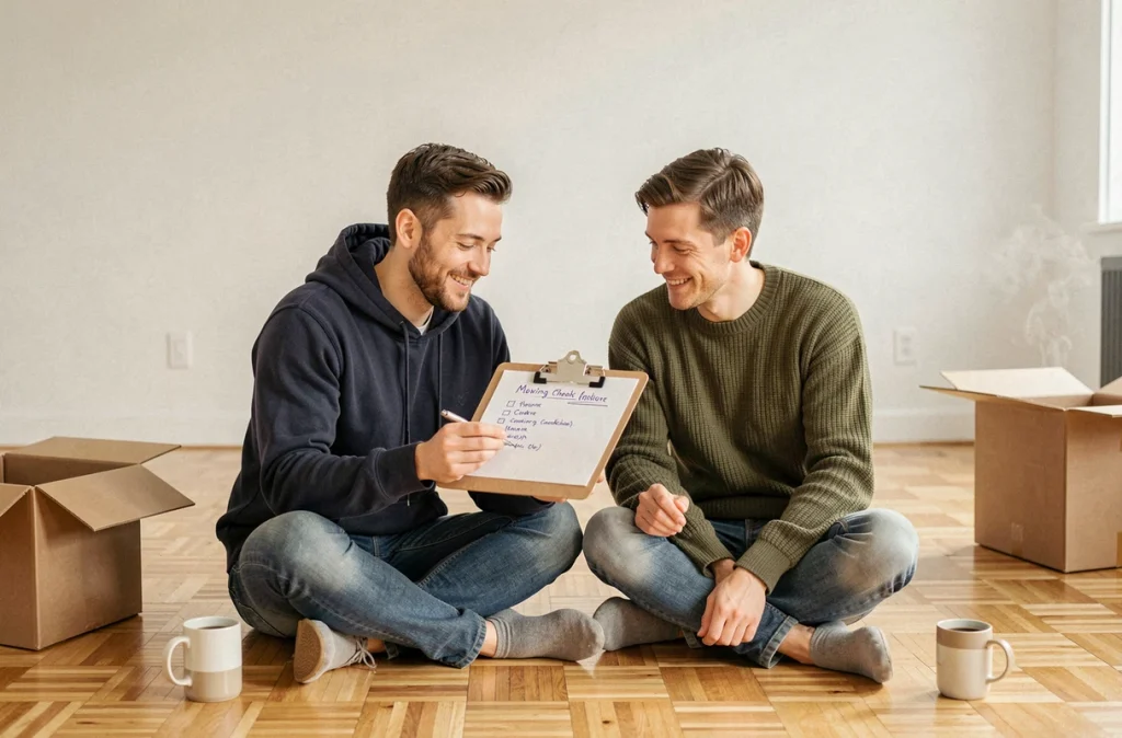 Couple consultant une liste de contrôle pour planifier leur déménagement dans un appartement vide