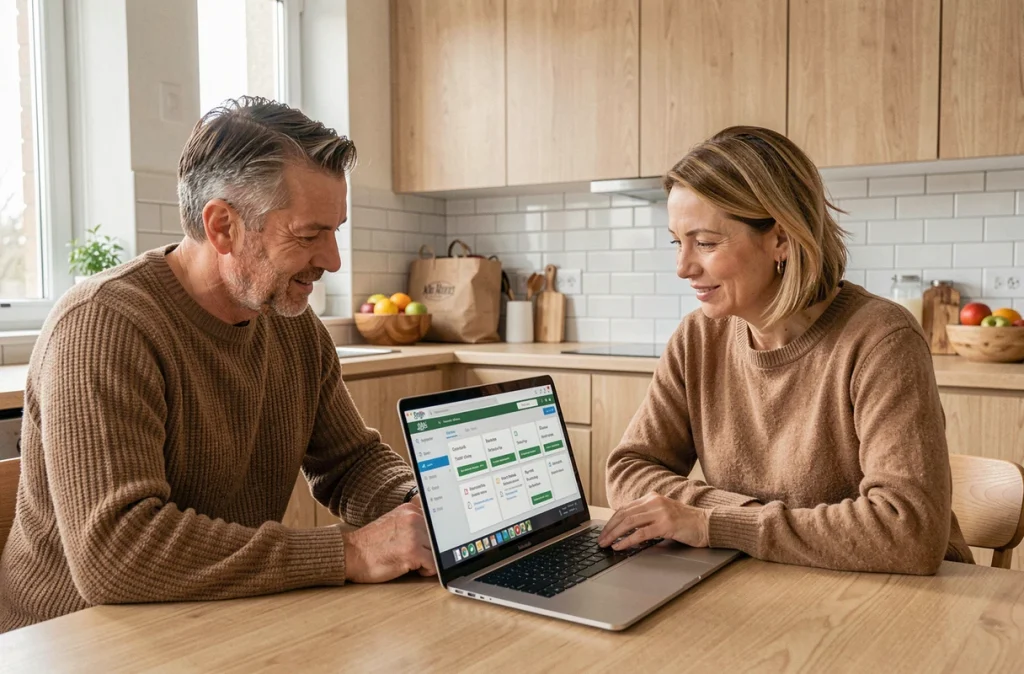 Couple de particuliers explorant des options de placements immobiliers accessibles sur une plateforme en ligne depuis leur cuisine
